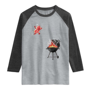 Funny BBQ Steak Meme Cute Meat Jumping Into Grill Raglan Shirt TS11 Heather Gray Heather Charcoal Print Your Wear