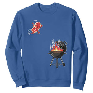 Funny BBQ Steak Meme Cute Meat Jumping Into Grill Sweatshirt TS11 Royal Blue Print Your Wear