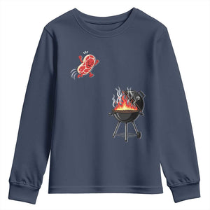 Funny BBQ Steak Meme Cute Meat Jumping Into Grill Youth Sweatshirt TS11 Navy Print Your Wear