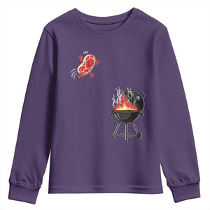 Funny BBQ Steak Meme Cute Meat Jumping Into Grill Youth Sweatshirt TS11 Purple Print Your Wear