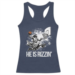 Funny Jesus Basketball Racerback Tank Top He Is Rizzin Sport Player Meme TS11 Navy Print Your Wear