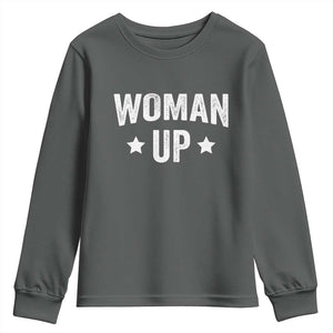 Woman Up Youth Sweatshirt Fitness Gym Workout Feminist TS11 Dark Heather Print Your Wear