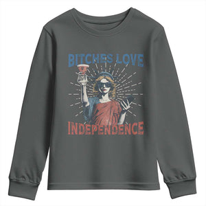 Funny Bitches Love Independence 4th Of July Youth Sweatshirt Retro Statue Of Liberty TS11 Dark Heather Print Your Wear