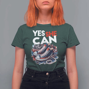 Harris 2024 T Shirt For Women Yes She Can Chucks And Pearls American Flag TS11 Dark Forest Green Print Your Wear
