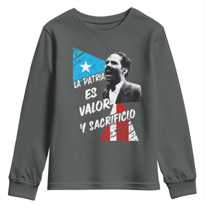 Pedro Albizu Campos Youth Sweatshirt La Patria Es Valor Y Sacrificio Puerto Rican Leader TS11 Dark Heather Print Your Wear