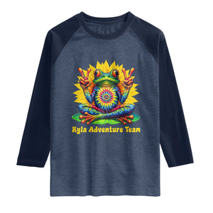 Personalized Tie Dye Hippie Frog Name Raglan Shirt Custom Text Peace Sign Hippie Sunflower TS11 Heather Denim Navy Print Your Wear