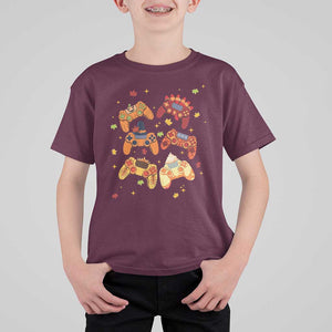 Fall Season Gamers T Shirt For Kid Gaming Controllers Pumpkin Turkey Autumn Maple Leaf TS11 Maroon Print Your Wear