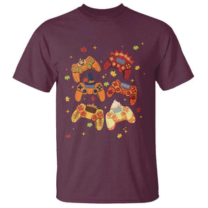 Fall Season Gamers T Shirt Gaming Controllers Pumpkin Turkey Autumn Maple Leaf TS11 Maroon Print Your Wear