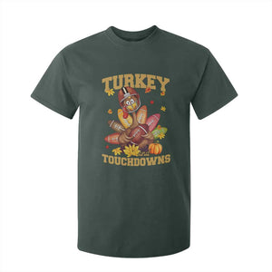 Funny Turkey And Touchdowns T Shirt For Kid Thanksgiving American Football Fall Season TS11 Dark Forest Green Print Your Wear