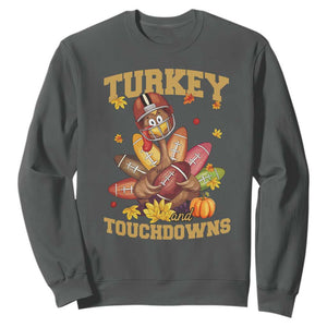 Funny Turkey And Touchdowns Sweatshirt Thanksgiving American Football Fall Season TS11 Dark Heather Print Your Wear