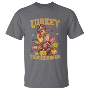 Funny Turkey And Touchdowns T Shirt Thanksgiving American Football Fall Season TS11 Charcoal Print Your Wear
