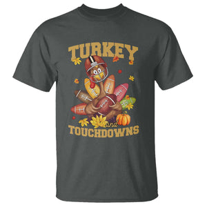 Funny Turkey And Touchdowns T Shirt Thanksgiving American Football Fall Season TS11 Dark Heather Print Your Wear