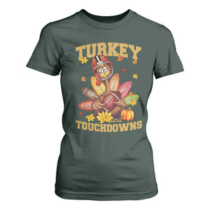 Funny Turkey And Touchdowns T Shirt For Women Thanksgiving American Football Fall Season TS11 Dark Forest Green Print Your Wear