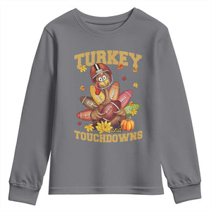 Funny Turkey And Touchdowns Youth Sweatshirt Thanksgiving American Football Fall Season TS11 Charcoal Print Your Wear