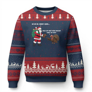 Funny Thanksgiving Xmas Ugly Christmas Sweater Wait Your Turn Fat Boy Santa Turkey Thanksmas TS11 Navy Red Print Your Wear