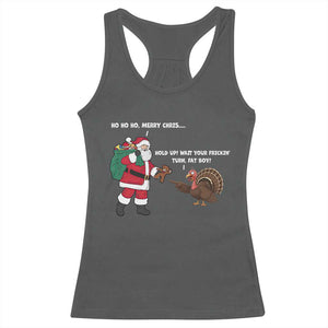 Funny Thanksgiving Christmas Racerback Tank Top Wait Your Turn Fat Boy Santa Turkey Thanksmas TS11 Dark Heather Print Your Wear