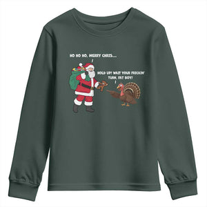 Funny Thanksgiving Christmas Youth Sweatshirt Wait Your Turn Fat Boy Santa Turkey Thanksmas TS11 Dark Forest Green Print Your Wear