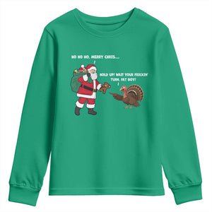 Funny Thanksgiving Christmas Youth Sweatshirt Wait Your Turn Fat Boy Santa Turkey Thanksmas TS11 Irish Green Print Your Wear