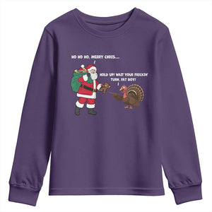 Funny Thanksgiving Christmas Youth Sweatshirt Wait Your Turn Fat Boy Santa Turkey Thanksmas TS11 Purple Print Your Wear