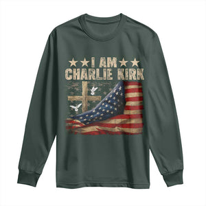 I Am Charlie Kirk Long Sleeve Shirt Freedom Vintage American Flag TS11 Dark Forest Green Print Your Wear