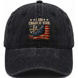 I Am Charlie Kirk Washed Cotton Baseball Cap Freedom Vintage American Flag TS11 Print Your Wear