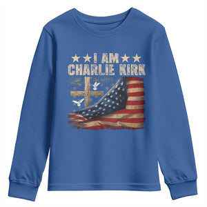 I Am Charlie Kirk Youth Sweatshirt Freedom Vintage American Flag TS11 Royal Blue Print Your Wear