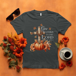 Thanksgiving Christ T Shirt Give Thanks To The Lord Psalm 136:1 Pumpkin Cross TS11 Dark Heather Print Your Wear