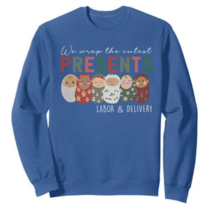 Funny Christmas Labor And Delivery Nurse Sweatshirt We Wrap The Cutest Presents L&D Nurse TS11 Royal Blue Print Your Wear