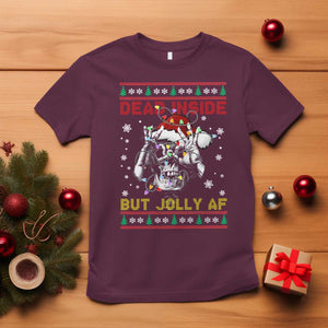 Funny Christmas Skeleton T Shirt Dead Inside But Jolly AF Santa Hat TS11 Maroon Print Your Wear