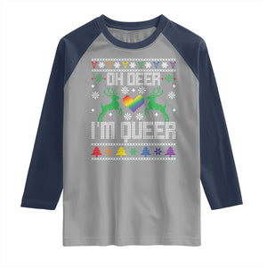 Funny LGBT Christmas Raglan Shirt Oh Deer I'm Queer Rainbow LGBT Flag TS11 Sport Gray Navy Print Your Wear