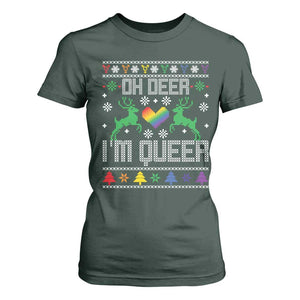 Funny LGBT Christmas T Shirt For Women Oh Deer I'm Queer Rainbow LGBT Flag TS11 Dark Forest Green Print Your Wear