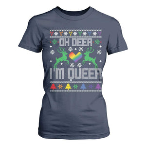 Funny LGBT Christmas T Shirt For Women Oh Deer I'm Queer Rainbow LGBT Flag TS11 Navy Print Your Wear