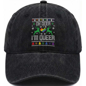 Funny LGBT Christmas Washed Cotton Baseball Cap Oh Deer I'm Queer Rainbow LGBT Flag TS11 Print Your Wear