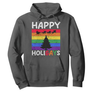 Funny LGBT Christmas Hoodie Happy Holigays Rainbow Stripes Unicorn Santa TS11 Dark Heather Print Your Wear