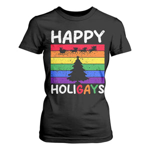 Funny LGBT Christmas T Shirt For Women Happy Holigays Rainbow Stripes Unicorn Santa TS11 Black Print Your Wear