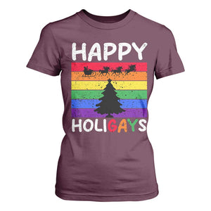 Funny LGBT Christmas T Shirt For Women Happy Holigays Rainbow Stripes Unicorn Santa TS11 Maroon Print Your Wear