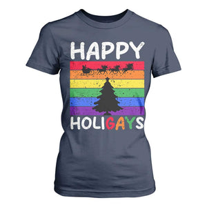 Funny LGBT Christmas T Shirt For Women Happy Holigays Rainbow Stripes Unicorn Santa TS11 Navy Print Your Wear
