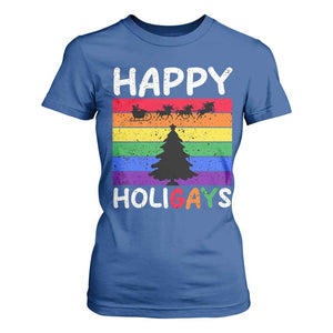 Funny LGBT Christmas T Shirt For Women Happy Holigays Rainbow Stripes Unicorn Santa TS11 Royal Blue Print Your Wear