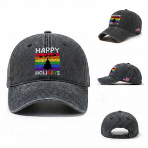 Funny LGBT Christmas Washed Cotton Baseball Cap Happy Holigays Rainbow Stripes Unicorn Santa TS11 Washed Cap Universal Fit Dark Gray Print Your Wear