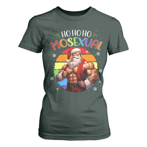 Funny Christmas LGBT T Shirt For Women Ho Ho Ho Mosexual Rainbow Santa TS11 Dark Forest Green Print Your Wear