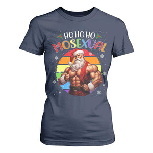 Funny Christmas LGBT T Shirt For Women Ho Ho Ho Mosexual Rainbow Santa TS11 Navy Print Your Wear