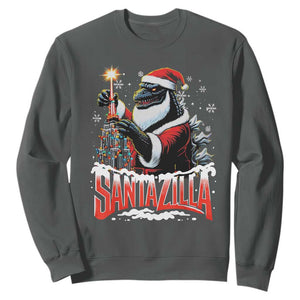 Funny Christmas Santa Godzilla Sweatshirt Santazilla Tower Xmas Tree TS11 Dark Heather Print Your Wear