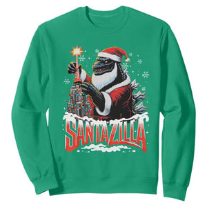 Funny Christmas Santa Godzilla Sweatshirt Santazilla Tower Xmas Tree TS11 Irish Green Print Your Wear