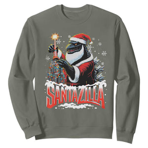 Funny Christmas Santa Godzilla Sweatshirt Santazilla Tower Xmas Tree TS11 Military Green Print Your Wear