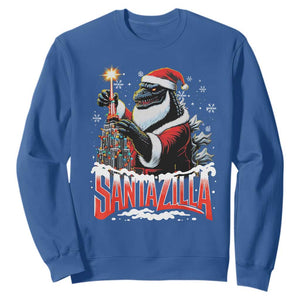 Funny Christmas Santa Godzilla Sweatshirt Santazilla Tower Xmas Tree TS11 Royal Blue Print Your Wear
