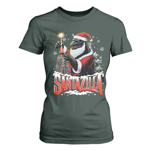 Funny Christmas Santa Godzilla T Shirt For Women Santazilla Tower Xmas Tree TS11 Dark Forest Green Print Your Wear