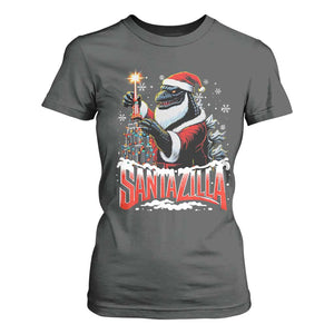 Funny Christmas Santa Godzilla T Shirt For Women Santazilla Tower Xmas Tree TS11 Dark Heather Print Your Wear