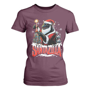 Funny Christmas Santa Godzilla T Shirt For Women Santazilla Tower Xmas Tree TS11 Maroon Print Your Wear