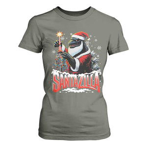 Funny Christmas Santa Godzilla T Shirt For Women Santazilla Tower Xmas Tree TS11 Military Green Print Your Wear