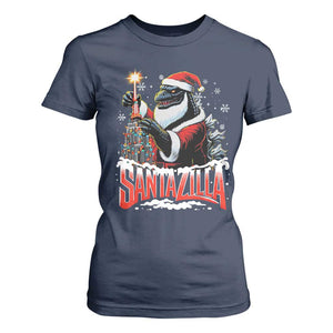 Funny Christmas Santa Godzilla T Shirt For Women Santazilla Tower Xmas Tree TS11 Navy Print Your Wear
